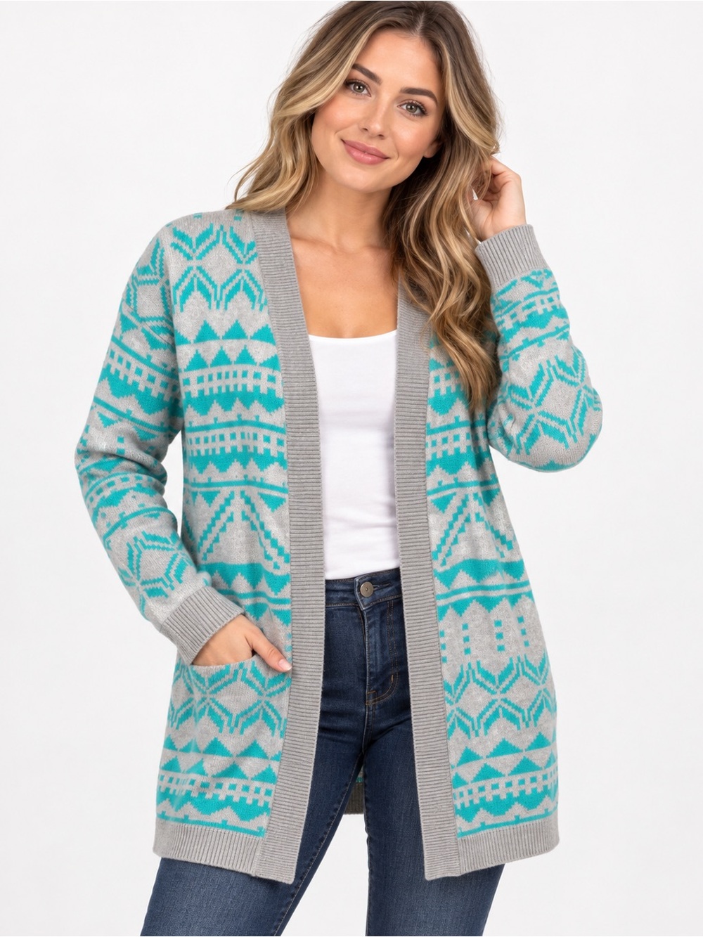 Love By Design Gray and Teal Open-Front Cardigan Sweater- cute trendy Geometric